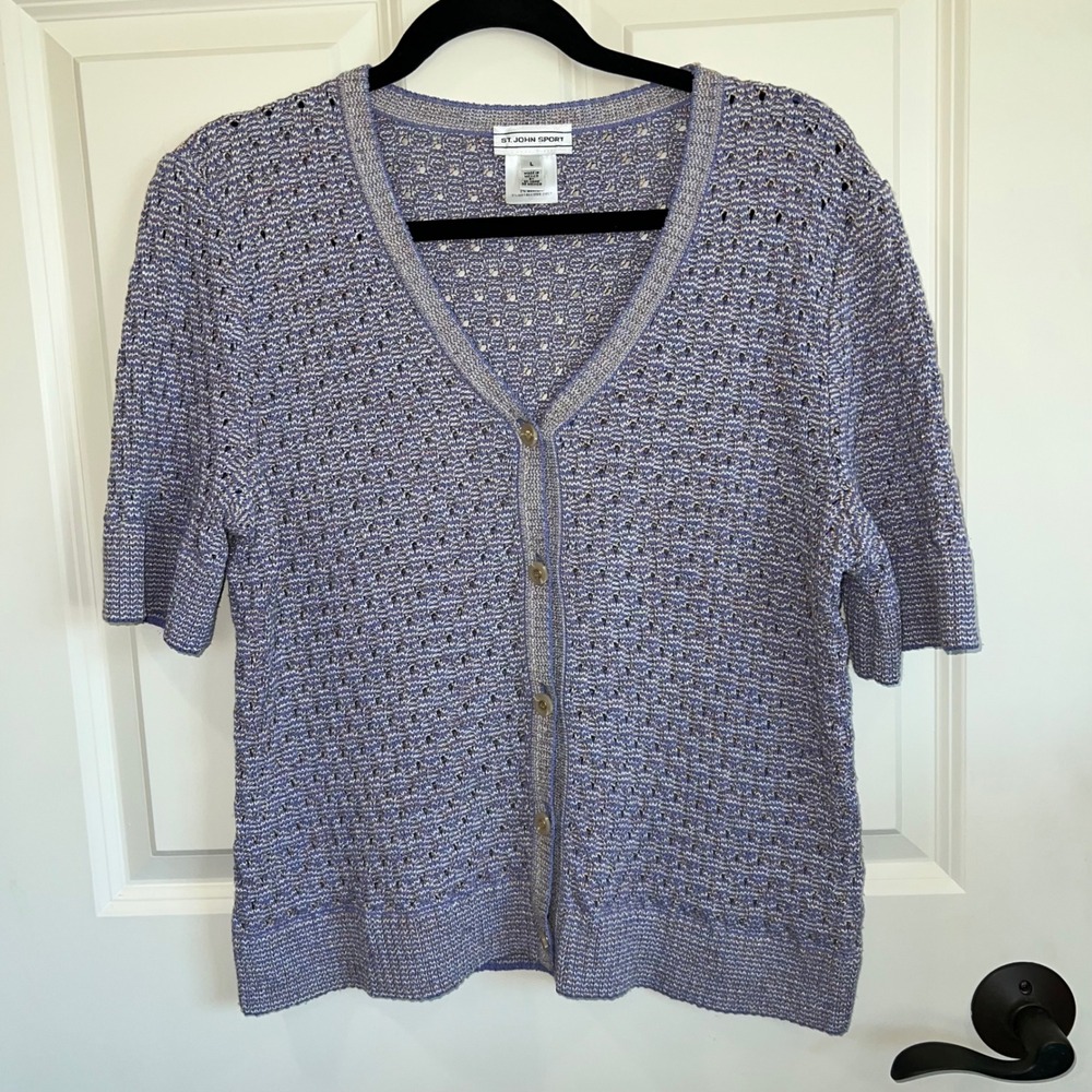 St. John Sport Wool Blend Knit Short Sleeve Cardigan Sweater Size Large Purple